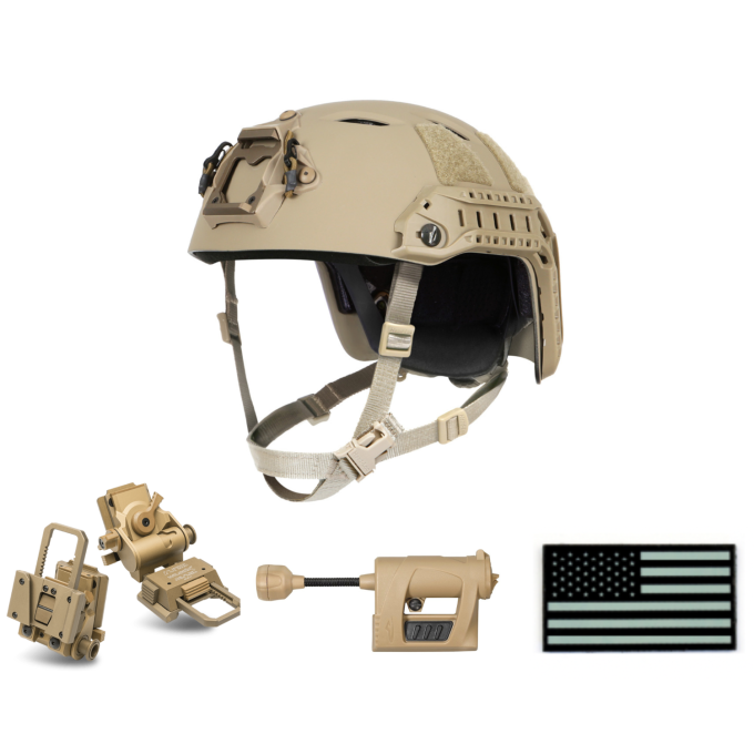 Ops-Core FAST Bump Helmet, Wilcox Helmet Mount, and Princeton Charge Pro MPLS, and IR U.S. Flag Patch Bundle